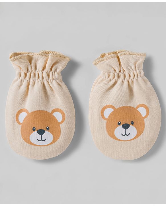 Babyhug 100% Cotton Interlock Knit Mittens & Booties Set With Animal Print - Beige