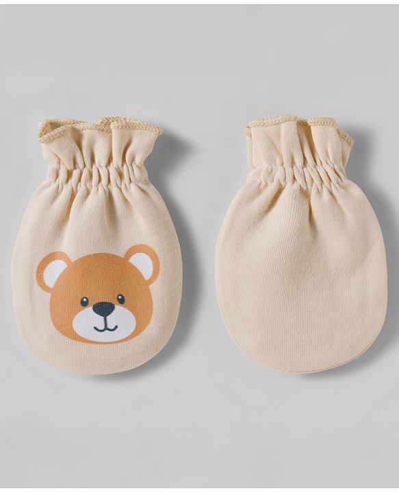 Babyhug 100% Cotton Interlock Knit Mittens & Booties Set With Animal Print - Beige