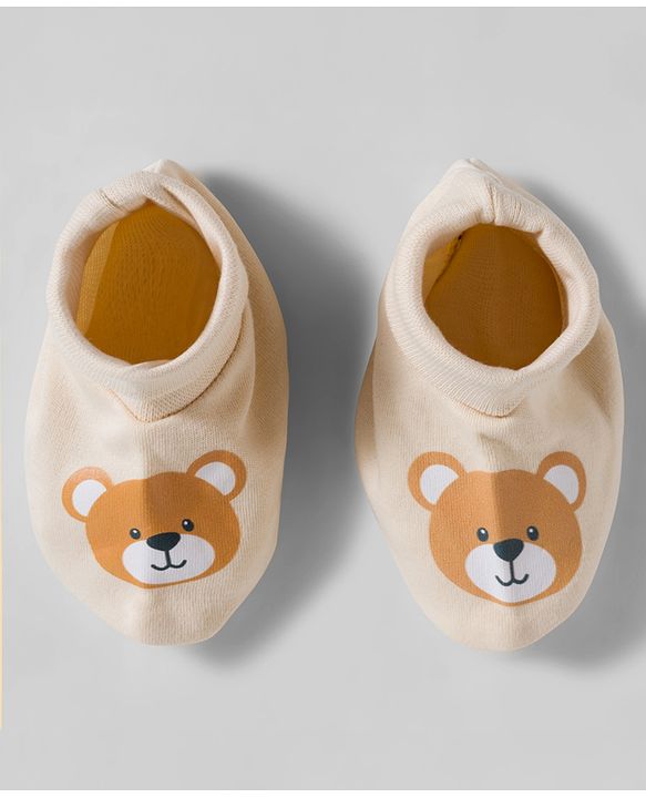 Babyhug 100% Cotton Interlock Knit Mittens & Booties Set With Animal Print - Beige