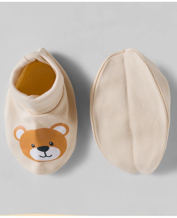 Babyhug 100% Cotton Interlock Knit Mittens & Booties Set With Animal Print - Beige