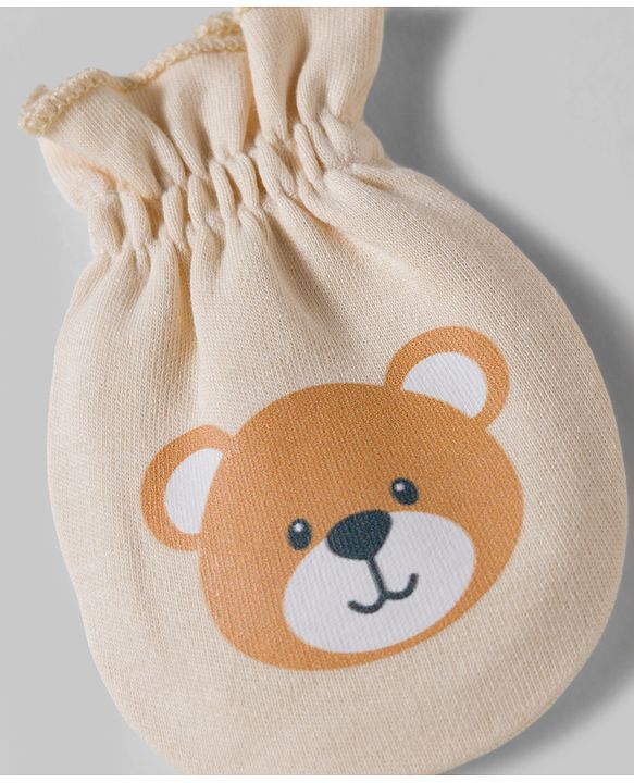Babyhug 100% Cotton Interlock Knit Mittens & Booties Set With Animal Print - Beige