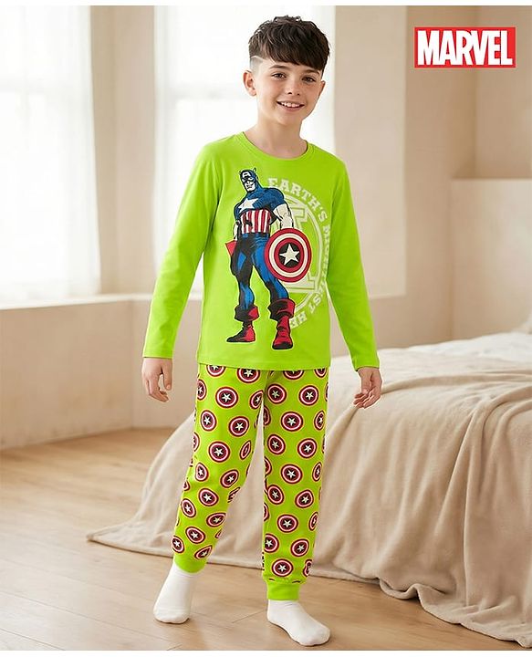 Pine Kids Marvel Single Jersey Knit Full Sleeves Night Suit With Captain America Graphics - Limegreen