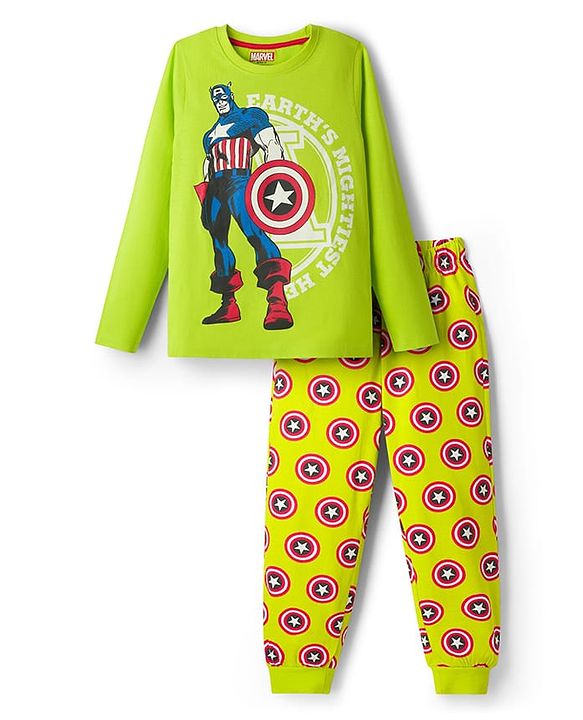 Pine Kids Marvel Single Jersey Knit Full Sleeves Night Suit With Captain America Graphics - Limegreen
