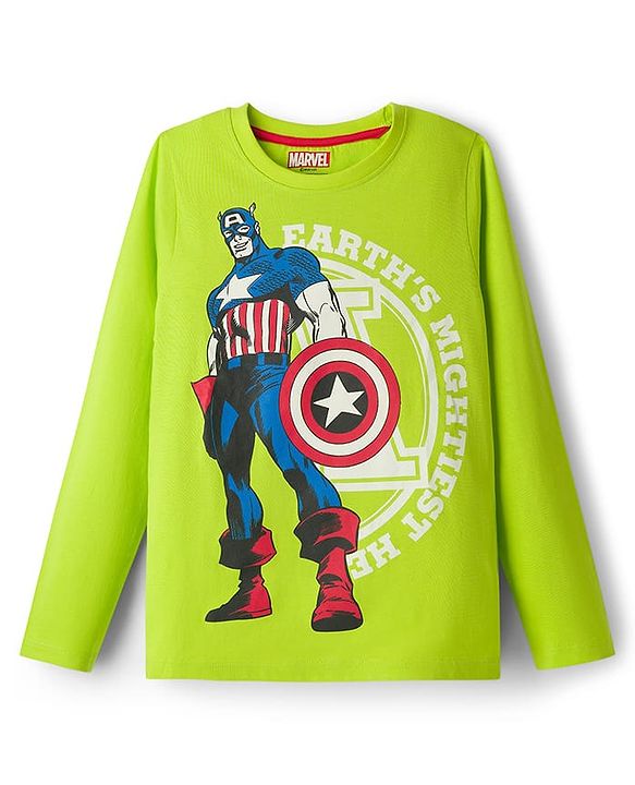 Pine Kids Marvel Single Jersey Knit Full Sleeves Night Suit With Captain America Graphics - Limegreen