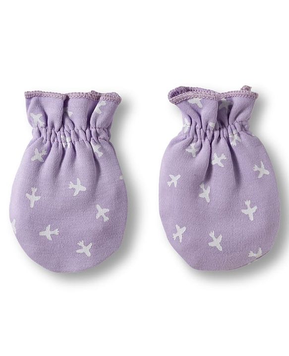 Babyhug 100% Cotton Knit Mittens & Booties Set with Airplane Print - Lavender