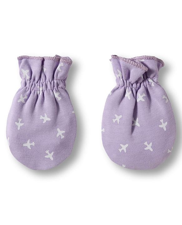 Babyhug 100% Cotton Knit Mittens & Booties Set with Airplane Print - Lavender