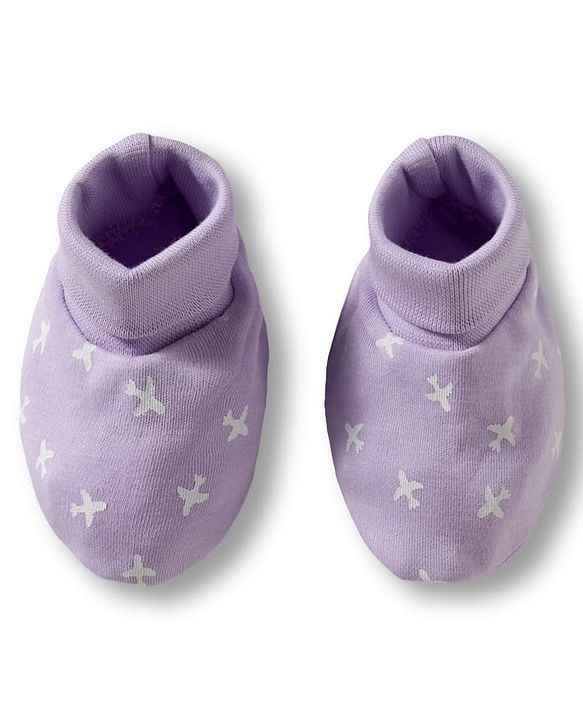 Babyhug 100% Cotton Knit Mittens & Booties Set with Airplane Print - Lavender