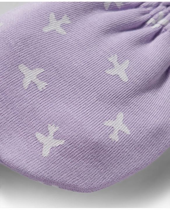 Babyhug 100% Cotton Knit Mittens & Booties Set with Airplane Print - Lavender