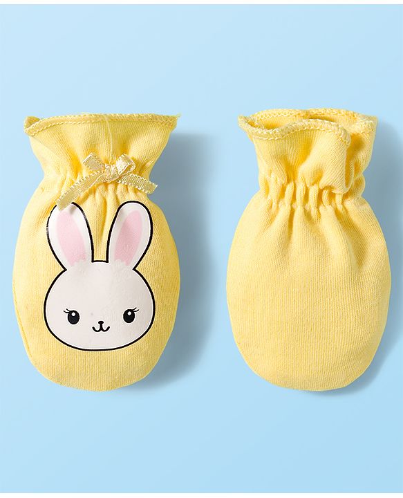 Babyhug 100% Cotton Interlock Knit Mittens & Booties Set With Bunny Print - Yellow
