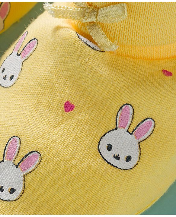 Babyhug 100% Cotton Interlock Knit Mittens & Booties Set With Bunny Print - Yellow