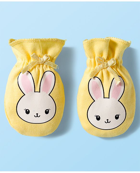 Babyhug 100% Cotton Interlock Knit Mittens & Booties Set With Bunny Print - Yellow