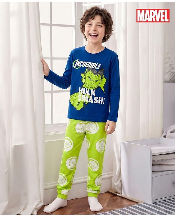 Pine Kids Single Jersey Knit Full Sleeves Night Suit With Hulk Graphics - Navy Blue & Green