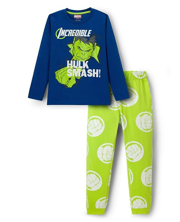Pine Kids Single Jersey Knit Full Sleeves Night Suit With Hulk Graphics - Navy Blue & Green