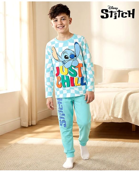 Pine Kids Disney Single Jersey Knit Full Sleeves Night Suit With Stitch Graphics - Light Blue