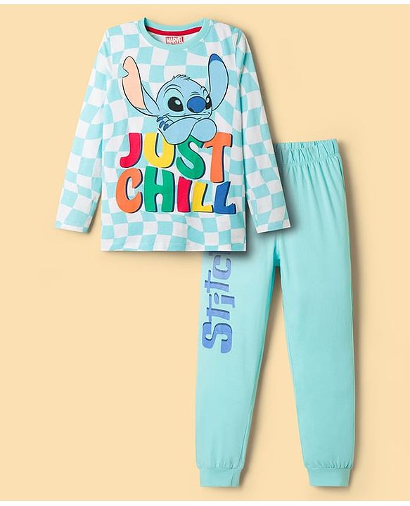 Pine Kids Disney Single Jersey Knit Full Sleeves Night Suit With Stitch Graphics - Light Blue