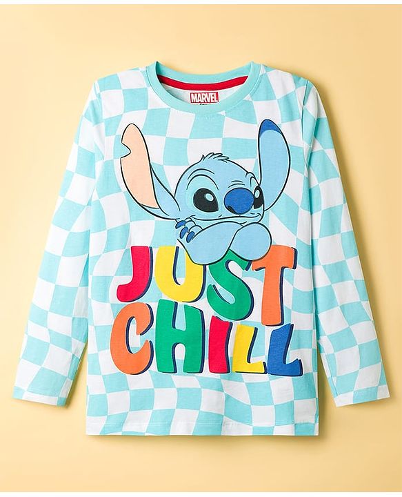 Pine Kids Disney Single Jersey Knit Full Sleeves Night Suit With Stitch Graphics - Light Blue