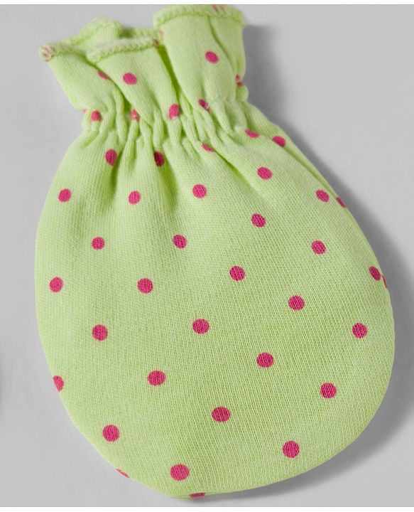 Babyhug 100% Cotton Interlock Knit Mittens & Booties Set With Polka Dot Print - Lime Green