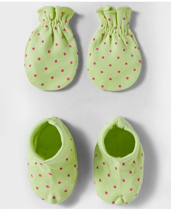 Babyhug 100% Cotton Interlock Knit Mittens & Booties Set With Polka Dot Print - Lime Green