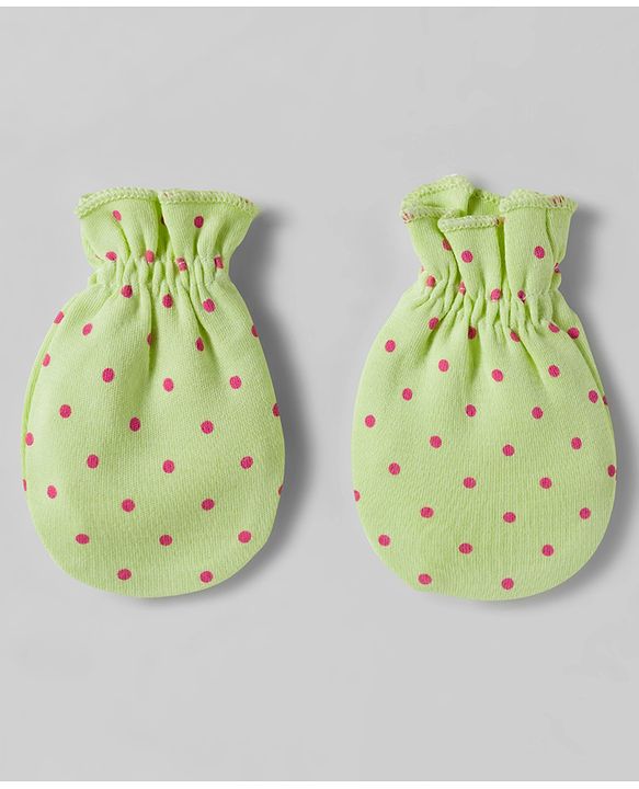 Babyhug 100% Cotton Interlock Knit Mittens & Booties Set With Polka Dot Print - Lime Green