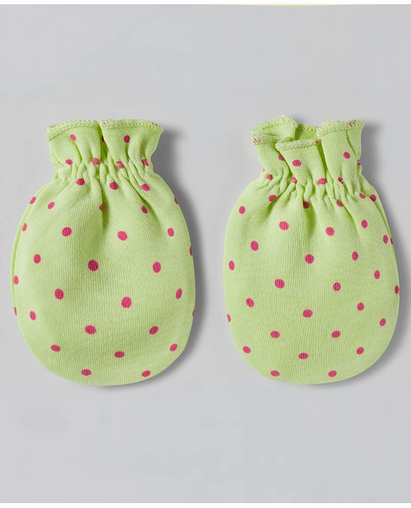 Babyhug 100% Cotton Interlock Knit Mittens & Booties Set With Polka Dot Print - Lime Green