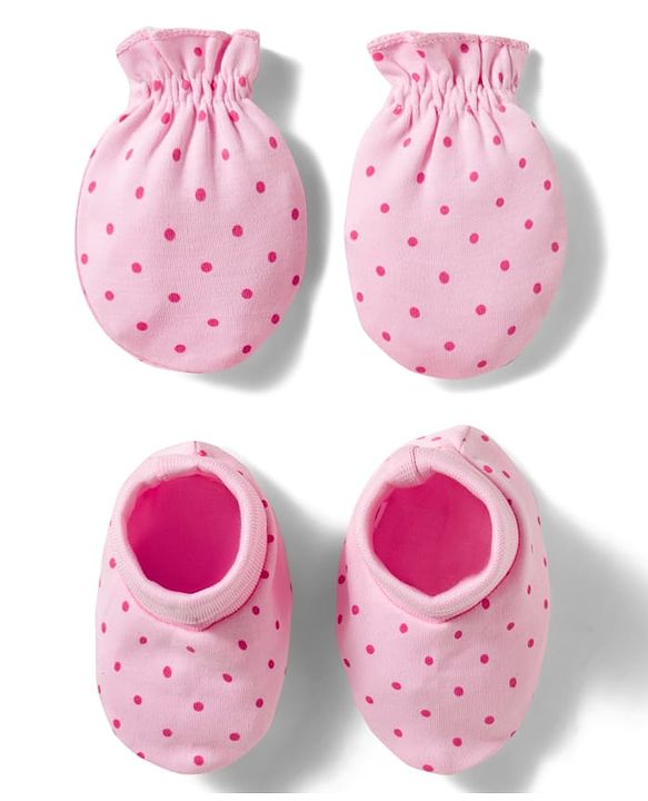 Babyhug 100% Cotton Knit  Mittens & Booties Set with Polka Dot Print - Pink
