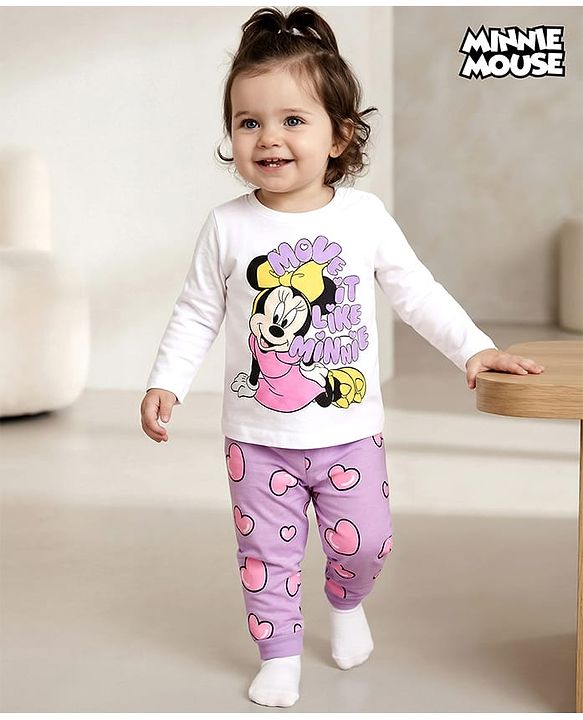 Babyhug Disney Single Jersey Knit Full Sleeves Night Suit with Minnie Mouse Graphic - Purple