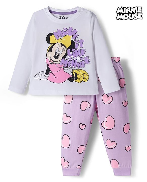 Babyhug Disney Single Jersey Knit Full Sleeves Night Suit with Minnie Mouse Graphic - Purple