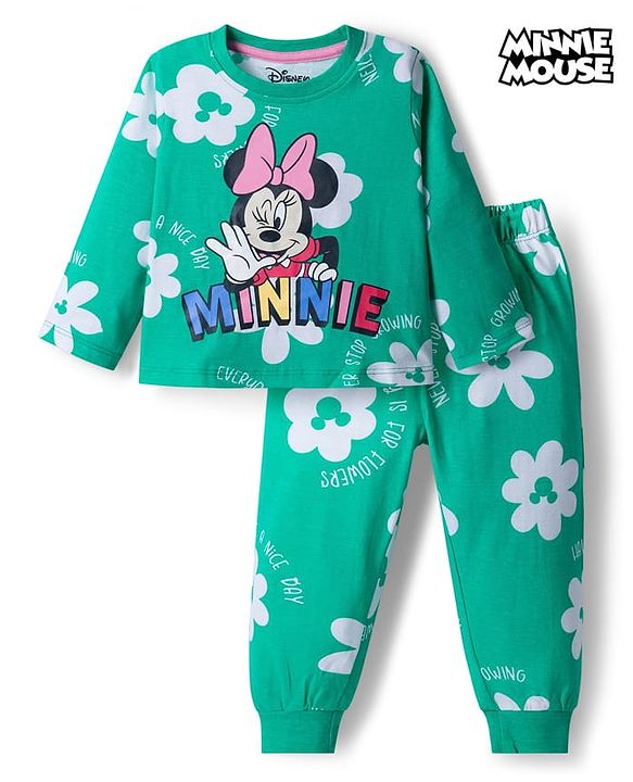 Babyhug Disney Single Jersey Knit Full Sleeves Night Suit With Minnie Mouse Print - Green