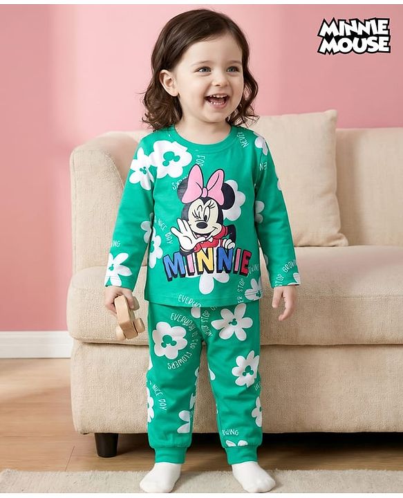 Babyhug Disney Single Jersey Knit Full Sleeves Night Suit With Minnie Mouse Print - Green