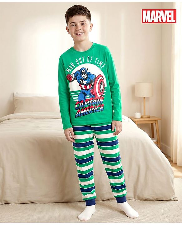 Pine Kids Marvel Single Jersey Knit Full Sleeves Night Suit with Captain America Graphic & Stripes - Green