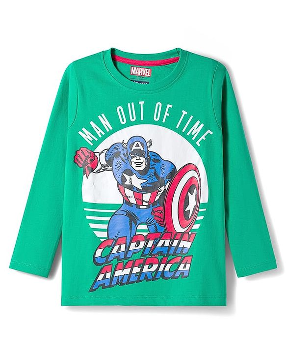Pine Kids Marvel Single Jersey Knit Full Sleeves Night Suit with Captain America Graphic & Stripes - Green
