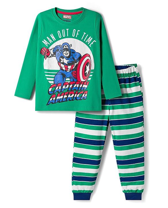 Pine Kids Marvel Single Jersey Knit Full Sleeves Night Suit with Captain America Graphic & Stripes - Green
