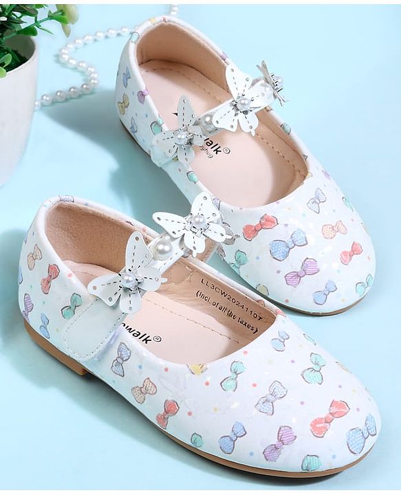 Cute Walk by Babyhug Velcro Closure Ballerina With Bow Print & Butterfly Applique - White