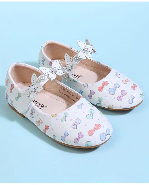 Cute Walk by Babyhug Velcro Closure Ballerina With Bow Print & Butterfly Applique - White