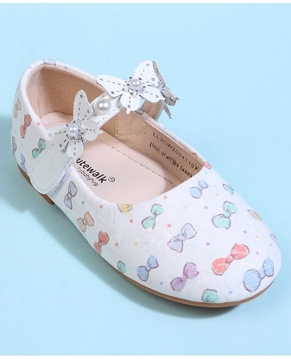 Cute Walk by Babyhug Velcro Closure Ballerina With Bow Print & Butterfly Applique - White