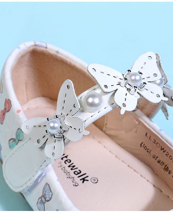 Cute Walk by Babyhug Velcro Closure Ballerina With Bow Print & Butterfly Applique - White