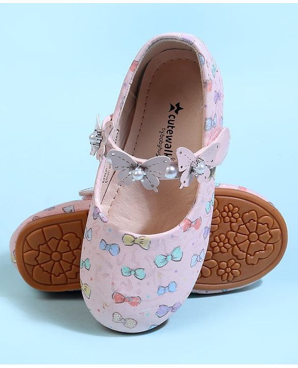 Cute Walk by Babyhug Velcro Closure Ballerina With Bow Print & Butterfly Applique - White