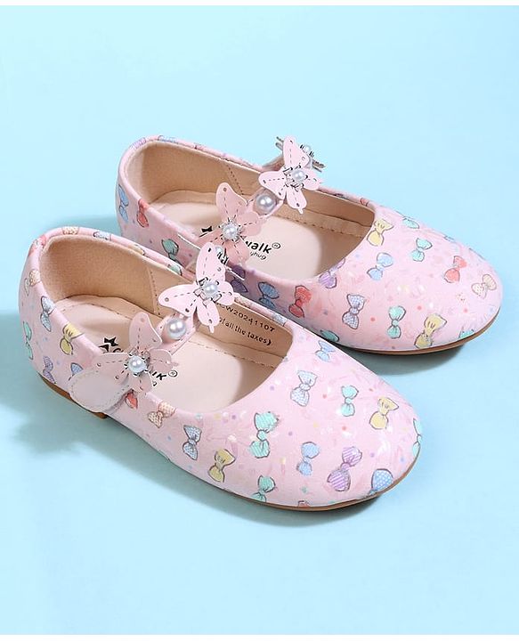 Cute Walk by Babyhug Velcro Closure Ballerina With Bow Print & Butterfly Applique - White