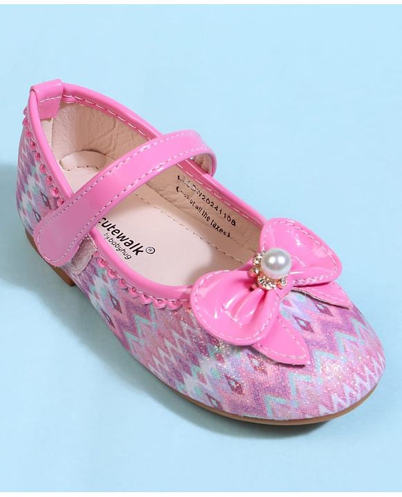 Cute Walk by Babyhug Velcro Closure Printed Ballerina With Bow Applique - Purple