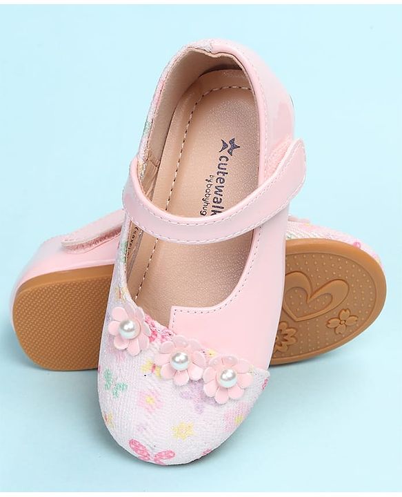 Cute Walk by Babyhug Velcro Closure Ballerina with Floral Applique - Pink