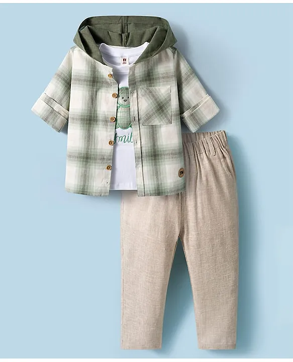 ToffyHouse Cotton Checkered Hooded Shirt & Trouser Set with Inner Tee