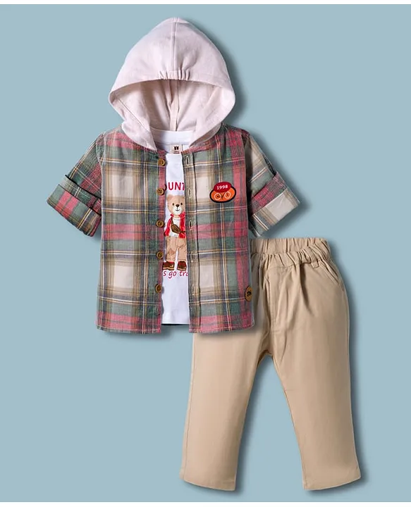 ToffyHouse Cotton Full Sleeves T-Shirt & Trouser Set with Hooded Shirt