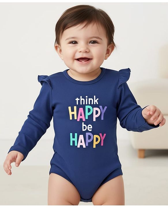 Babyhug 100% Cotton Knit Full Sleeves Onesie With Text Print - Navy Blue