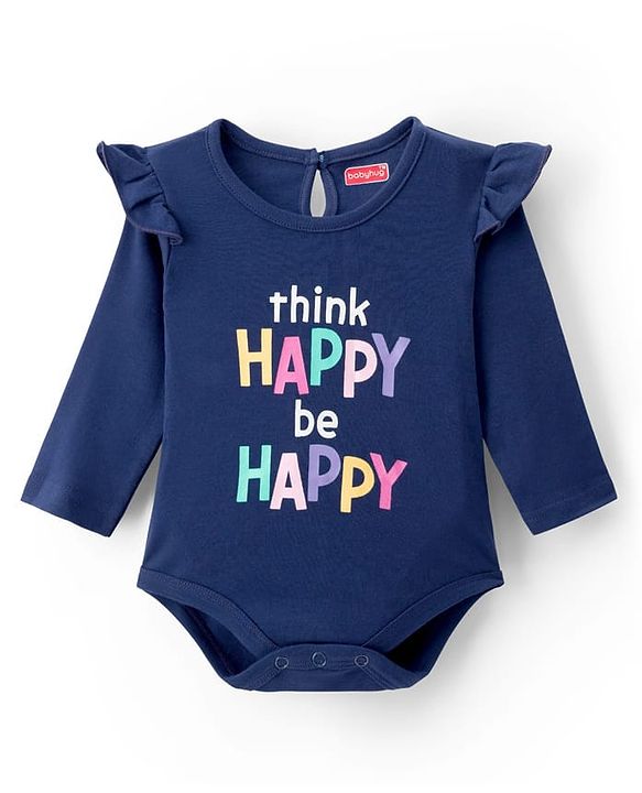 Babyhug 100% Cotton Knit Full Sleeves Onesie With Text Print - Navy Blue