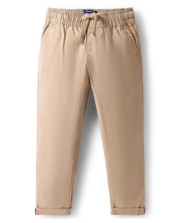 Pine Kids Cotton Elastane Woven Full Length Solid Trouser - Beige