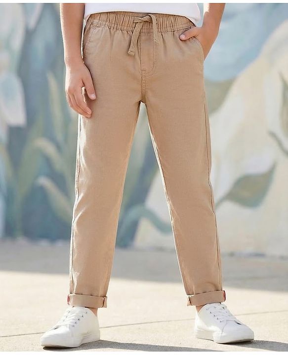 Pine Kids Cotton Elastane Woven Full Length Solid Trouser - Beige