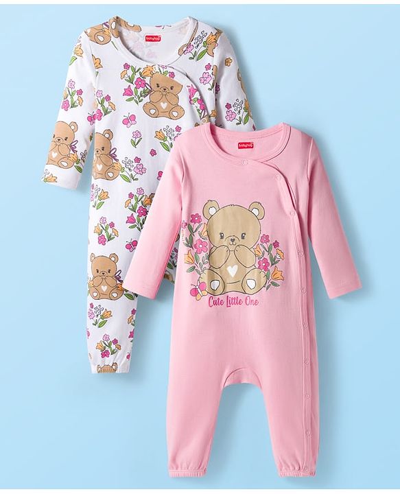 Babyhug 100% Cotton Interlock Knit Full Sleeves Rompers Pack Of 2 - Pink & White