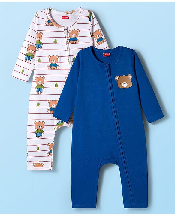 Babyhug 100% Cotton Knit Full Sleeves Rompers With Teddy Bear Print Pack of 2 - Navy Blue & White