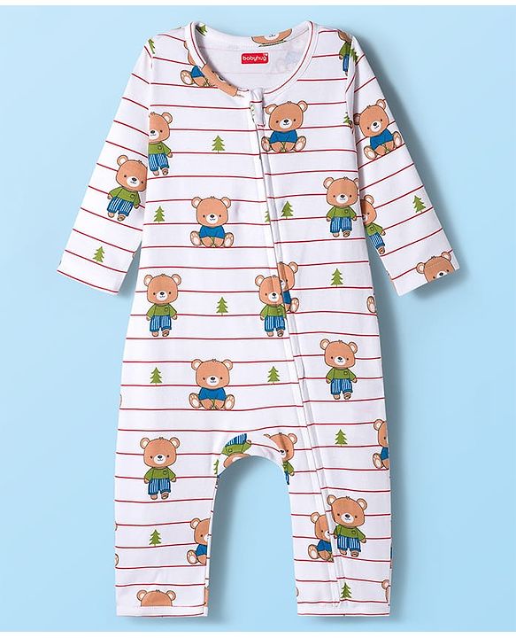 Babyhug 100% Cotton Knit Full Sleeves Rompers With Teddy Bear Print Pack of 2 - Navy Blue & White