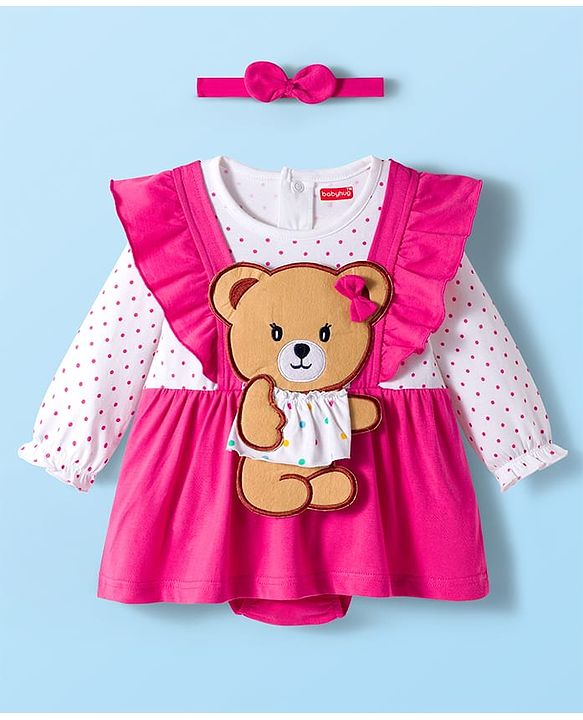 Babyhug Interlock Knit 100% Cotton Frock Style Onesies with Hairband & Teddy Patch- Dark Pink